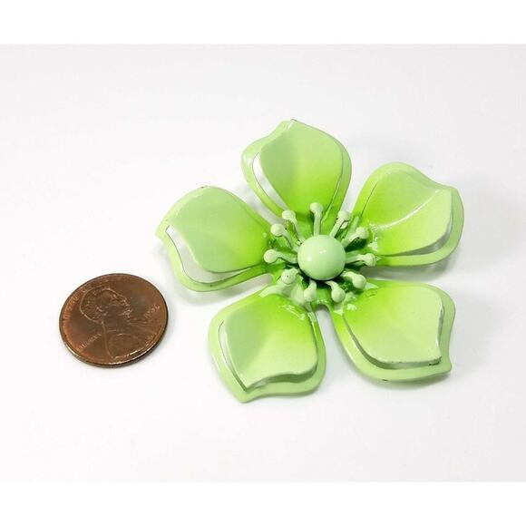 Vintage Light Green Flower Brooch, Enamel On Metal, 1960s, 2 3/8 Inches - Picture 5 of 10